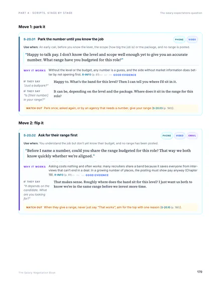 A page from the book: two script cards, &ldquo;Park the number until you know the job&rdquo; and &ldquo;Ask for their range first&rdquo;, each with when to use it, the words, why it works and what to say if they push back