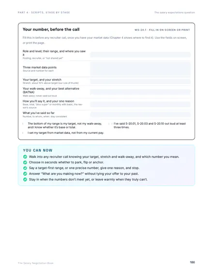A page from the book: the worksheet &ldquo;Your number, before the call&rdquo;, with fields for your target, your stretch and your walk-away